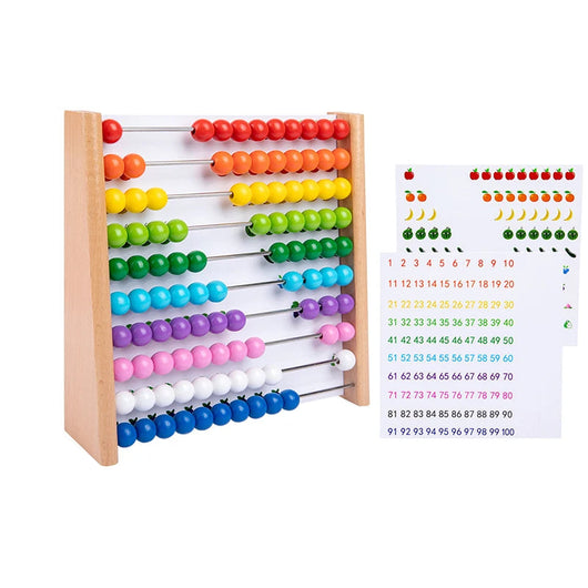 Wooden Rainbow Abacus Math Learning Toy Counting Beads with Fruits & Number Cards