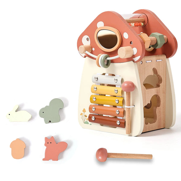 Montessori-Inspired Musical Wooden Busy Box Toy for Babies & Toddlers Brown