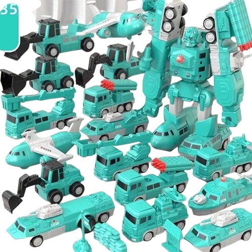 Kids Magnetic Transform Engineering Car Green Blue light 35pc with storagebox